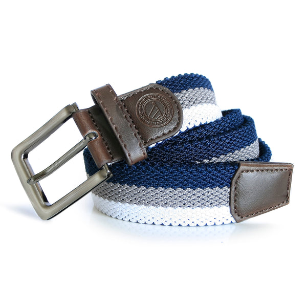 Navy, Grey and White Striped Woven Belt